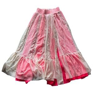 HAH NWT Pink Lace Mesh Tiered Maxi Skirt Slit Fairy Flowy Spring Bright XS/S